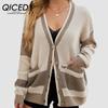 Autumn and Winter Knitted Coat Large Size Pocket Color Cardigan Sweater for Women