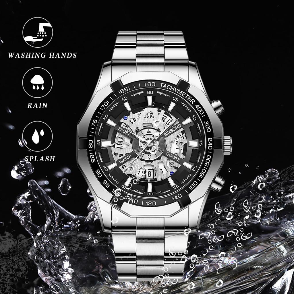 Скелетон Стильные 3ATM Водонепроницаемые Светящиеся Аналоговые Часы Календарь Ремешок Из Нержавеющей Стали Модные Часы Подарок На День Рождения Рождественский День Мужские Часы Мужские