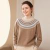 Women's Retro Ethnic Round Neck Cashmere Stripe Long-Sleeve Jacquard Base Layer Shirt