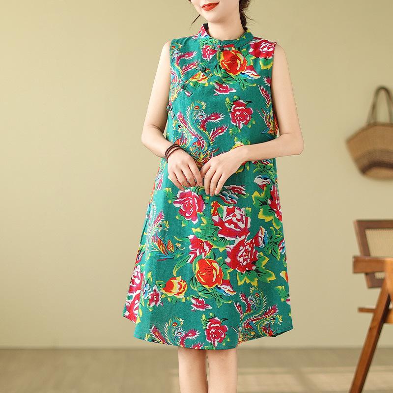 Летняя женская китайская ретро улучшенная юбка-ципао с дисковой пряжкой, свободное хлопковое и льняное платье без рукавов с принтом