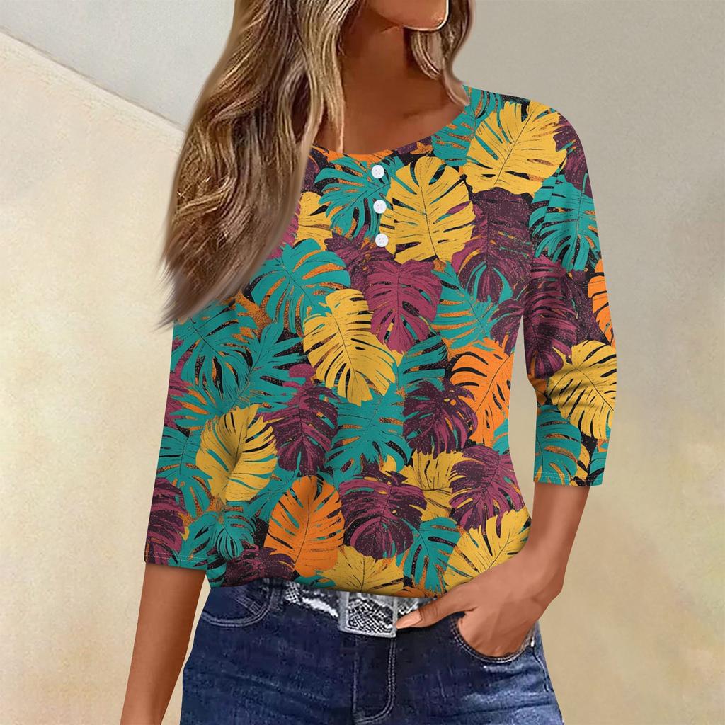 Women's T Shirt Tee Print Button 3/4 SleeveDaily Weekend Fashion Basic V- Neck Regular Top