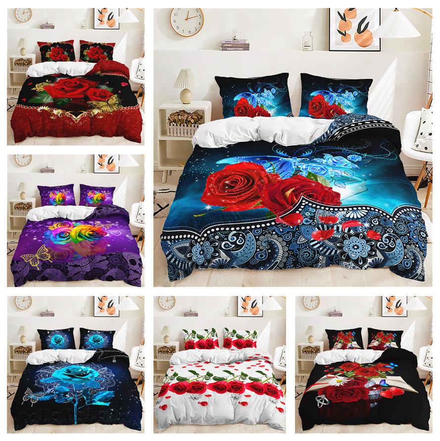 Комплект постельного белья с 3D розой Романтическая любовь Вниз Пододеяльник Наволочка 2/3 шт. Цветочный узор День святого Валентина Полный размер Домашний текстиль Женский пододеяльник