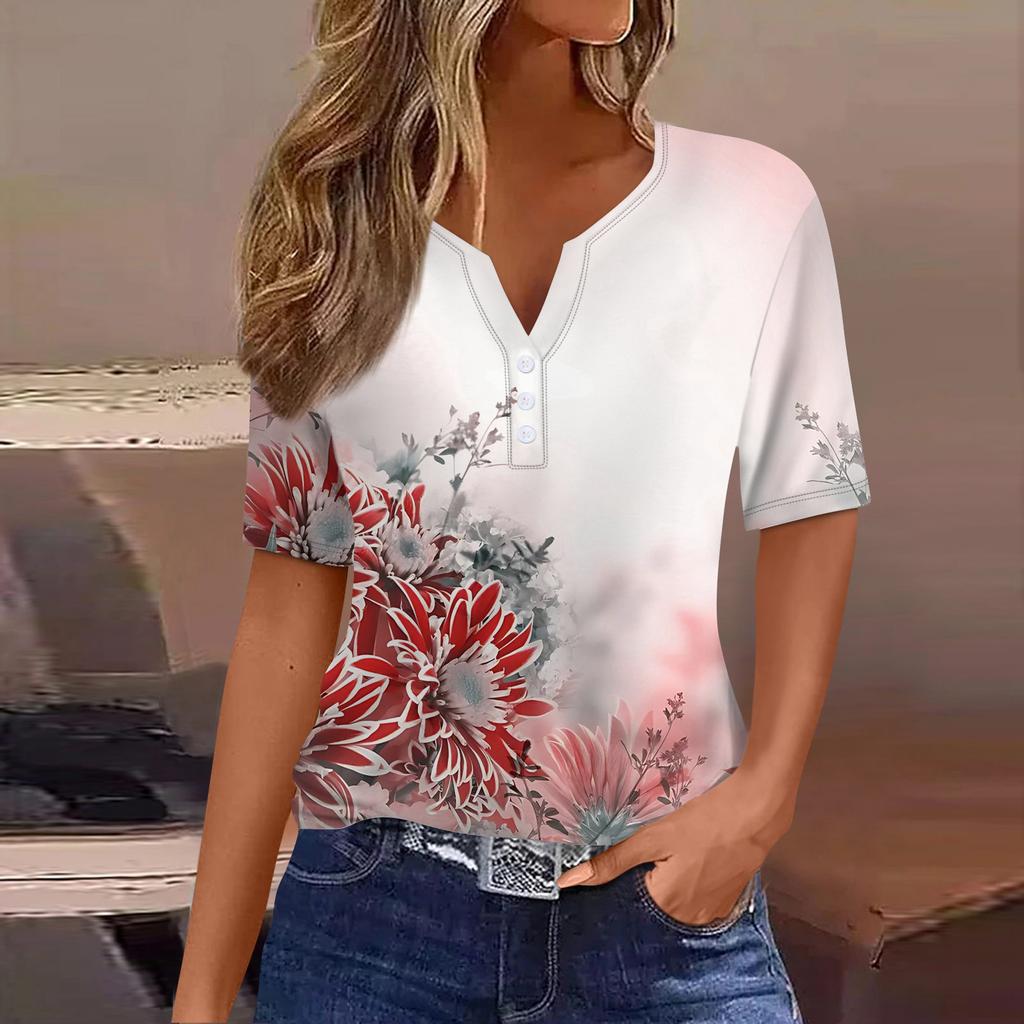 Женская повседневная футболка с коротким рукавом, цветочным принтом и V-образным вырезом, декоративными пуговицами