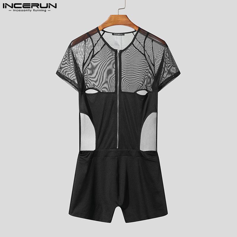 INCERUN Мужские сетчатые комбинезоны с застежкой-молнией и длинным рукавом в стиле пэчворк, прозрачные, короткие, комбинезоны, боди
