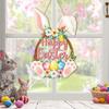 Easter Bunny Wooden Doorplate Decoration Door Sign, Happy Easter Wall Hanging with Floral Decoration