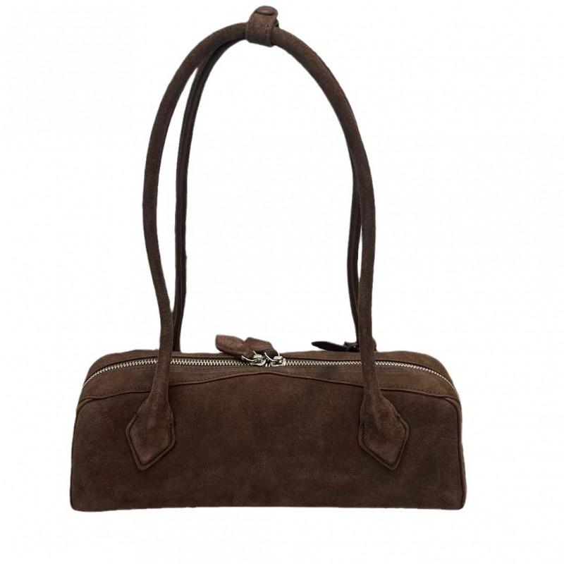 Womens Genuine Leather Loaf Bag Medium Size French Chic Shoulder Handbag With Zip Front Pocket