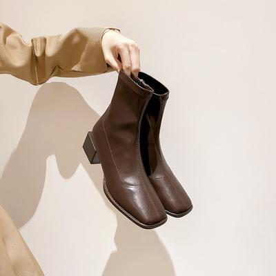 Огромный комфорт! Корейский нишевый дизайн квадратная головка толстый каблук короткие сапоги женские средний каблук британские эластичные сапоги тонкие сапоги голые сапоги женские