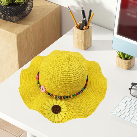 Шляпа от солнца для мальчиков и девочек, солнцезащитный дизайн, дышащая пляжная шляпа, волнистые поля, желтые цветы, бусины, плетеная соломенная шляпа