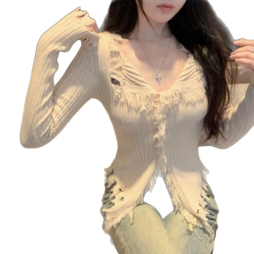 Women's Autumn Winter Frayed Edge V-Neck Sweater: Slimming, Flattering Niche Knitwear Cardigan
