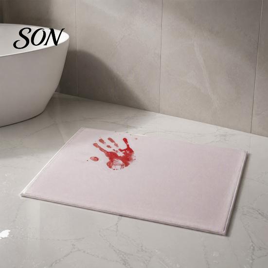 Funny Halloween Party Supplies Creepy Bathroom Rug, Color Changing Blood Red Footprint Escape Room Scene Decor Non Slip Scary Bath Mat for Home