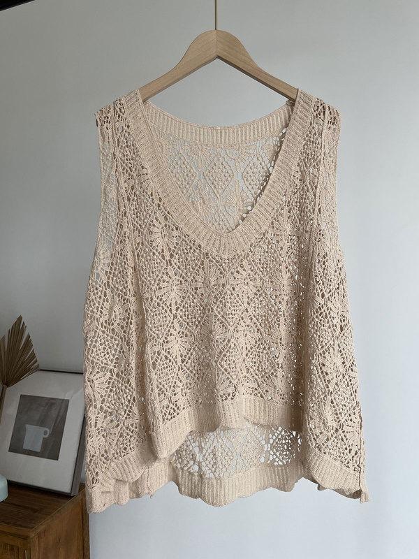 Stack Out The Surprise Хлопковая нить Полый жилет Женский V-образный вырез Трикотажный жилет Универсальный литературный тонкий летний жилет Жилет