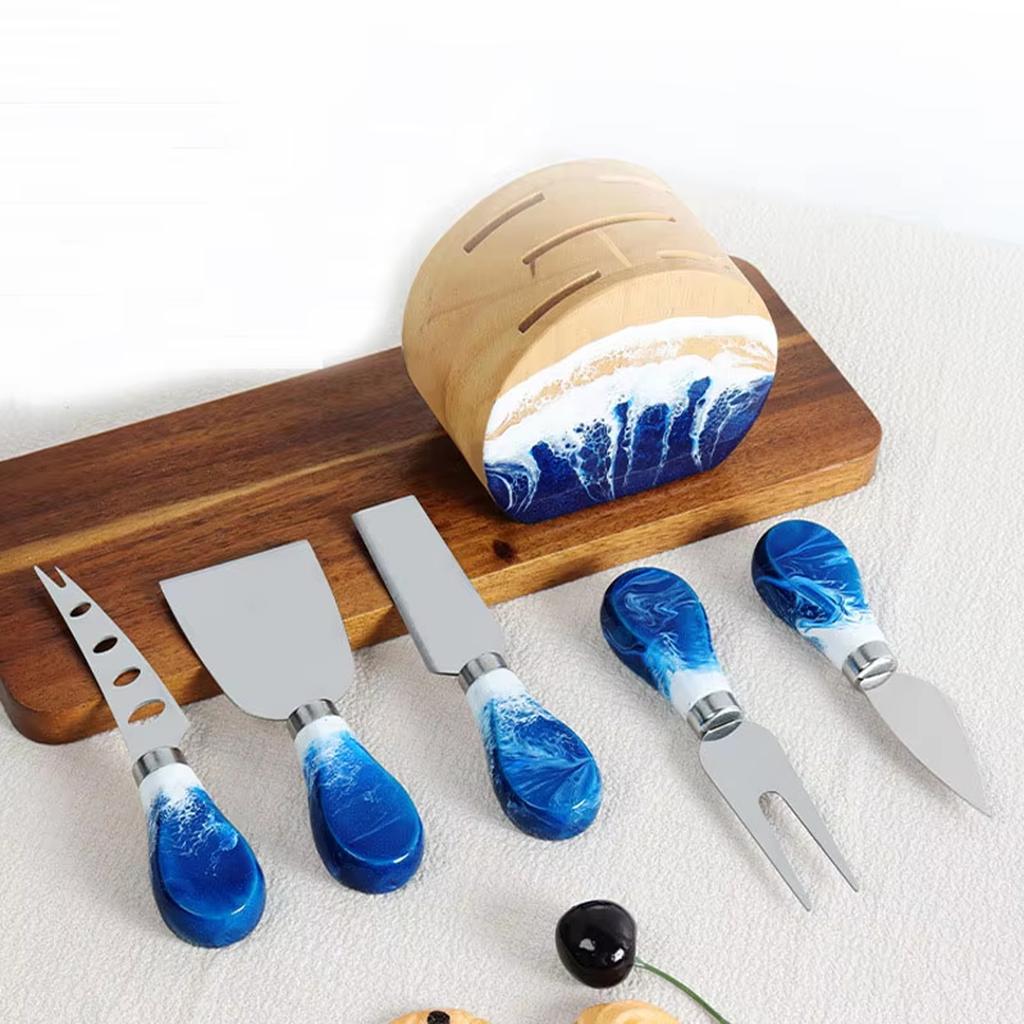 Resin Oak Wood Cheese Knife Set with Round Wooden Stand Includes Four Cheese Knives with Ergonomic Handles Suitable for Cutting and Serving Cheese