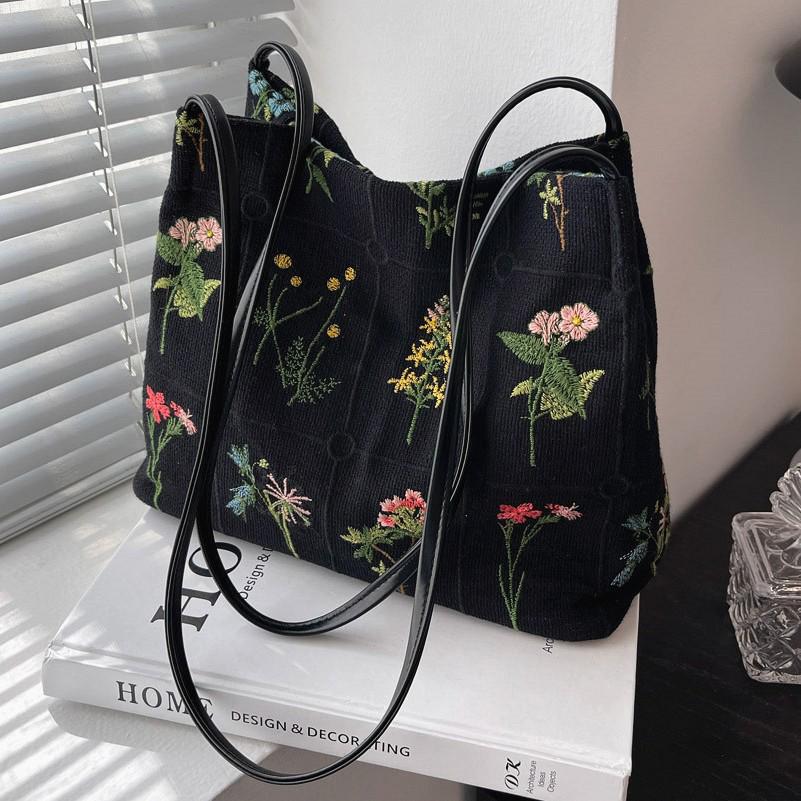 Women's Large Capacity Canvas Embroidery Print Tote Bag - Autumn/Winter Fashion Shoulder & Crossbody Style