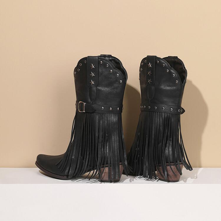 Европейский и американский этнический стиль квадратный носок бахрома модные ботинки женские новые толстый каблук рукав модные западные ковбойские ботинки