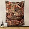 Intricate geometric patterns with red, black, and white abstract designs. Patterned tapestry for bedroom and living room home decor