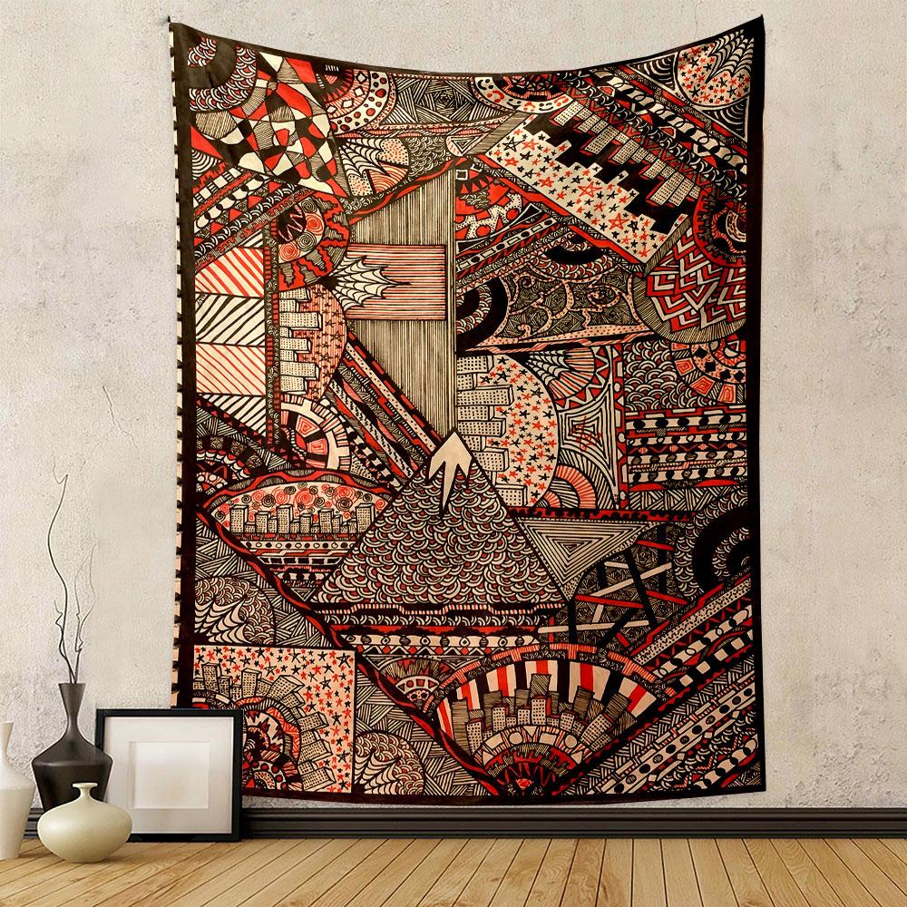 Intricate geometric patterns with red, black, and white abstract designs. Patterned tapestry for bedroom and living room home decor