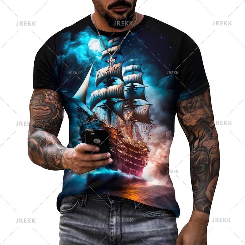 Summer Mens T Shirts Casual Loose T-shirt Sail Boat Pirate Ship 3D Printed O Neck Short Sleeve T Shirt Homme Oversized Quality