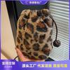Autumn and Winter Plush Leopard Print Mobile Phone Bag Women's New Cute Drawstring Shoulder Bag Bucket Messenger Bag