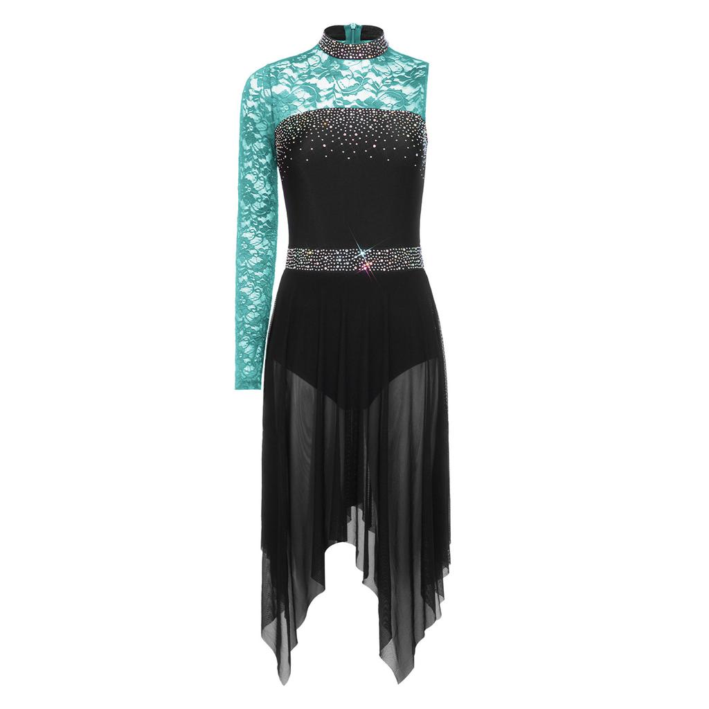 Womens Lyrical Dance Asymmetrical Bodysuit Dress Single Long Sleeve Floral Lace Irregular Hem Skirt