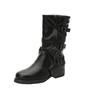 Short Boots Women's Retro Maillard Medium Boots Autumn and Winter New Western Wind Wrinkled Belt Buckle Stacked Boots Knight Boots