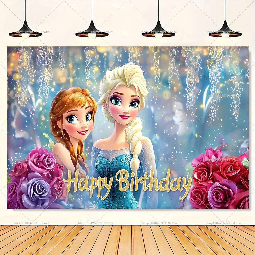 Frozen Cartoon Happy Birthday Backdrop Banner Winter Ice Kingdom Theme Kids Girls Birthday Decor Photo Background Supplies