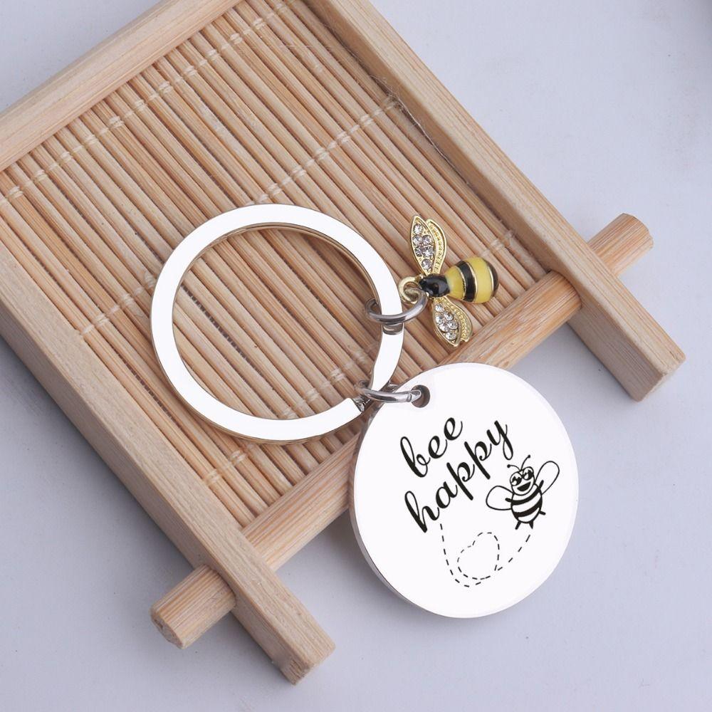 with Letters Stainless Steel Key Ring DIY Letters Round Pendants Bee Happy Key Chain Father
