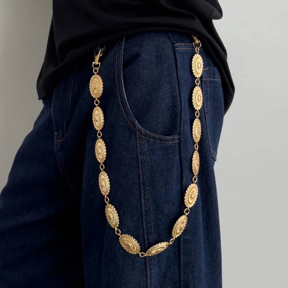 Salircon Goth Metal Round Keychain Waist Belts Chain for Men Punk Belt Chain Bag Pants Chain Jeans Hip Hop Street Jewelry Gifts