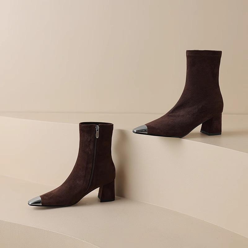 Модные весенне-осенние женские короткие ботильоны с острым носком, эластичные, облегающие, модные туфли на толстом каблуке, современные боты, женская обувь