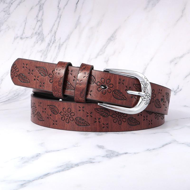 Leather Boho Inspired Belt With Embossed Design And Silver Buckle Womens For