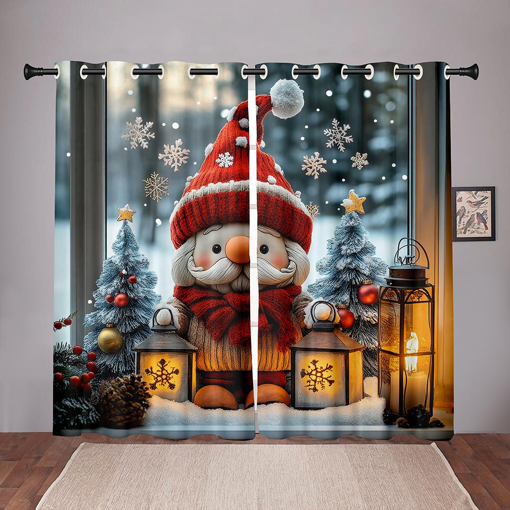 Christmas Gnome Curtains 2 Panels 3D Print Sun Block Winter Decor Bedroom Living Room Nordic Dwarf Lantern Snow Scene Holiday
