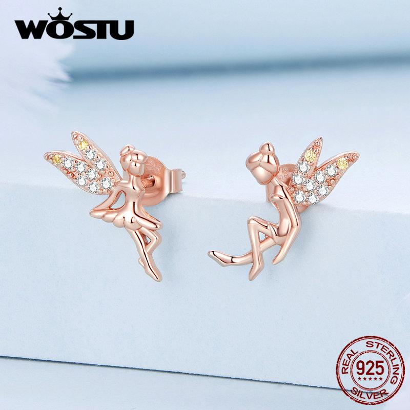 WOSTU 925 Sterling Silver Colorful Heart Stud Earrings Rainbow Unicorn Lightning Earrings For Women Fashion Silver Jewelry
