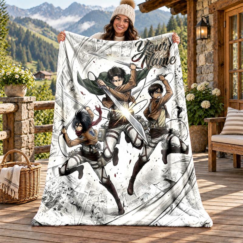 Attack on Titan Custom Name Flannel Blanket Personalized Soft Warm Plush Throw Blanket Customized Gift for Family Friends