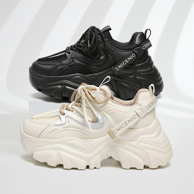 2025 Women's Shoes Platform New Double Net Breathable Korean Version Casual Height Increase and Thinness Versatile Trendy Shoes Female Dad Shoes