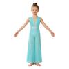 Kids Girls Rhinestone Dance Jumpsuit Wide Leg Sleeveless Cross Back Ruched Mesh Bodysuit Built-in Briefs for Stage