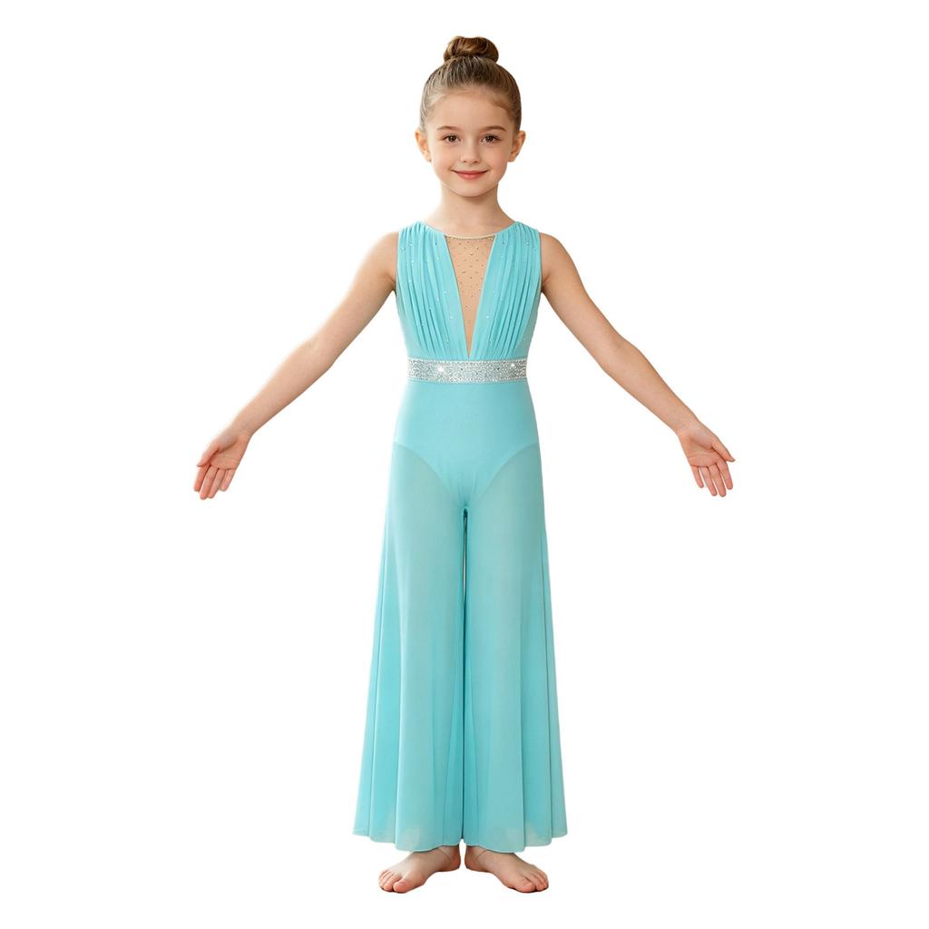 Kids Girls Rhinestone Dance Jumpsuit Wide Leg Sleeveless Cross Back Ruched Mesh Bodysuit Built-in Briefs for Stage