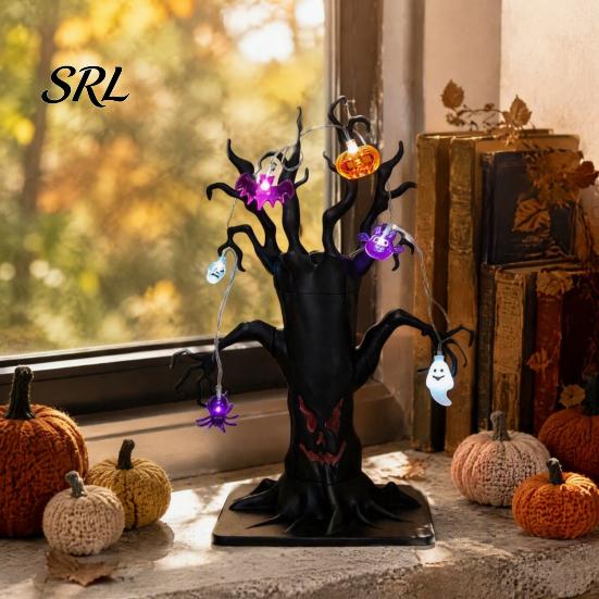 Spooky Seasonal Room Accents Halloween Lighted Ghost Tree Centerpiece with LED Lights, Pumpkin Bat Desktop Decorations for Home Spider Light
