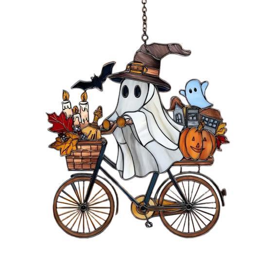 Halloween Ghost Ride Ornament with Lanyard Solar Trap Witch Hat Pumpkin Passenger Hanging Pendant Sun Catcher