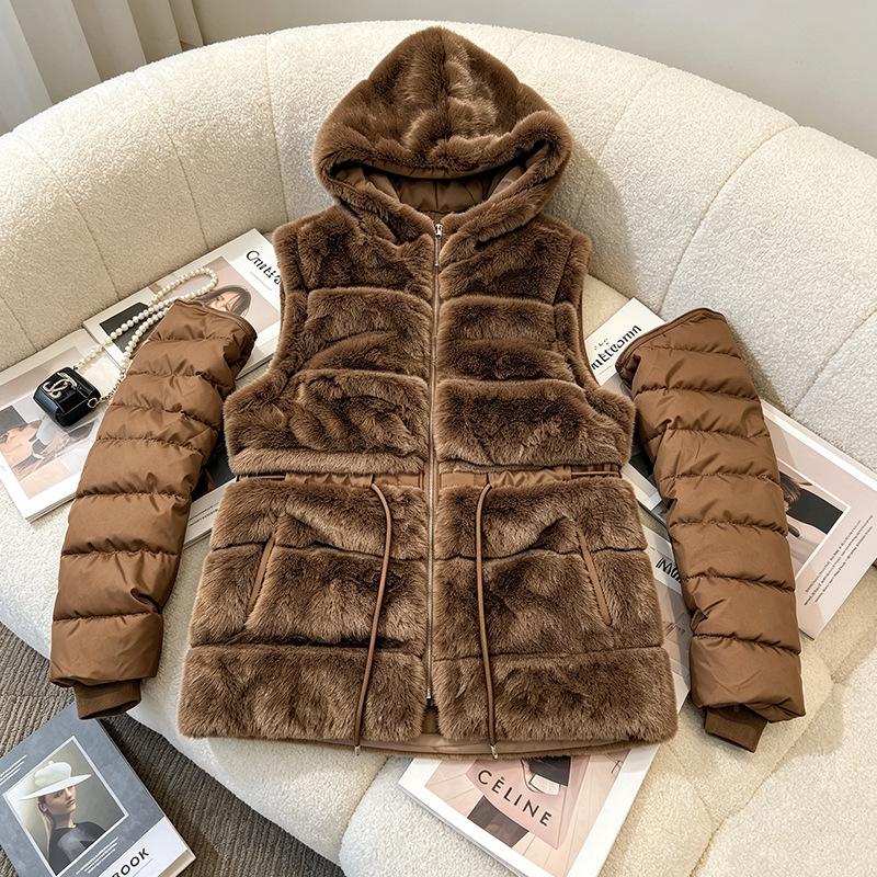 Splicing hooded cotton clothes women's autumn and winter thickened plush vest jacket zipper removable sleeves cotton coat vest