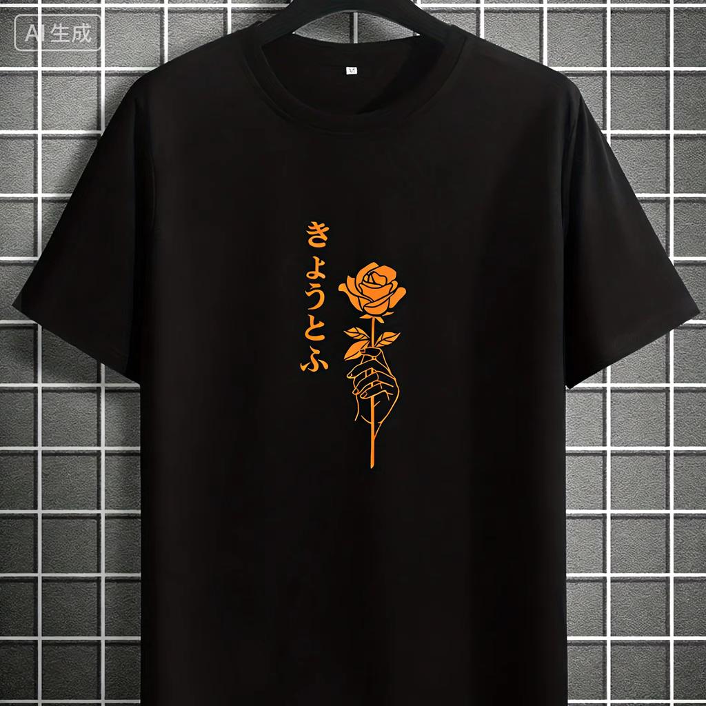 Summer Unisexs Adult American Style Rose Flower Print Cotton Breathable Shortsleeved Simple Tshirt Loose And Comfortable