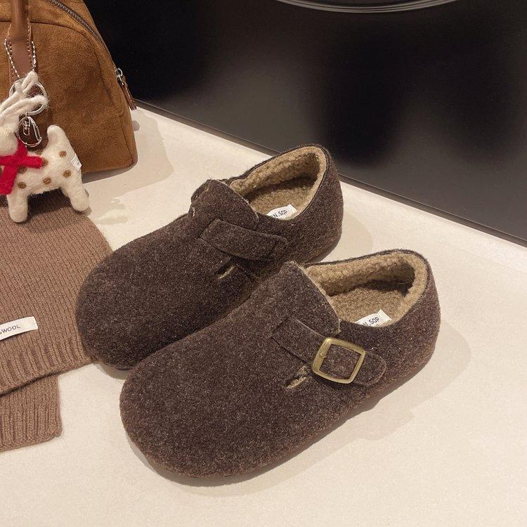 Ретро круглый носок войлочные плюшевые Birkenstocks плюшевые осенние и зимние термо хлопковые женские туфли шерсть