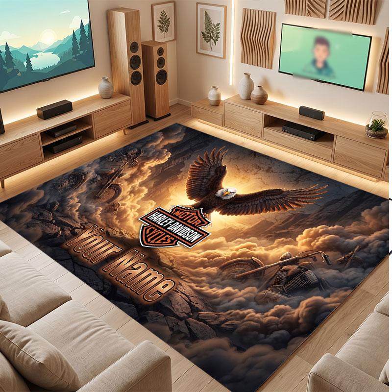 Harley-Davidson Personalized Crystal Velvet Carpet, Customized Name Text Soft Anti‑Slip Rug for Living Room Bedroom