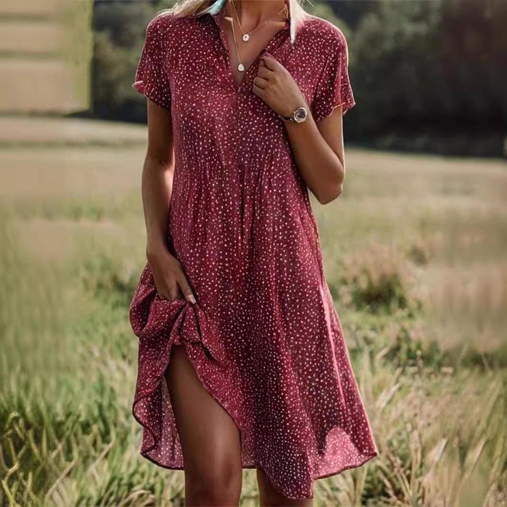 Summer Polka Dot V-Neck Short-Sleeve Dress for Women