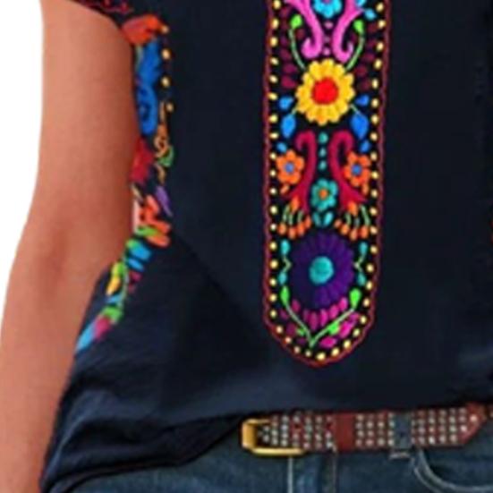 O-neck Short Sleeve Loose Fit Women T-shirt Vintage Boho Ethnic Floral
