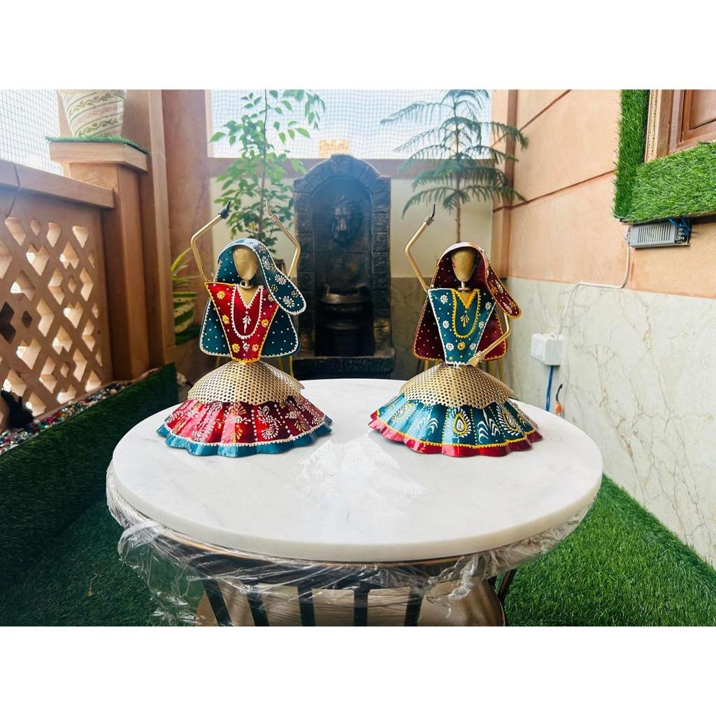 Set of 2 Metal Multicolor Rajasthani Decorative Lady Musician , Table Items for Home,Antique Gift Items, Tv Unit Showpiece (Each Size 9x10 Inch)
