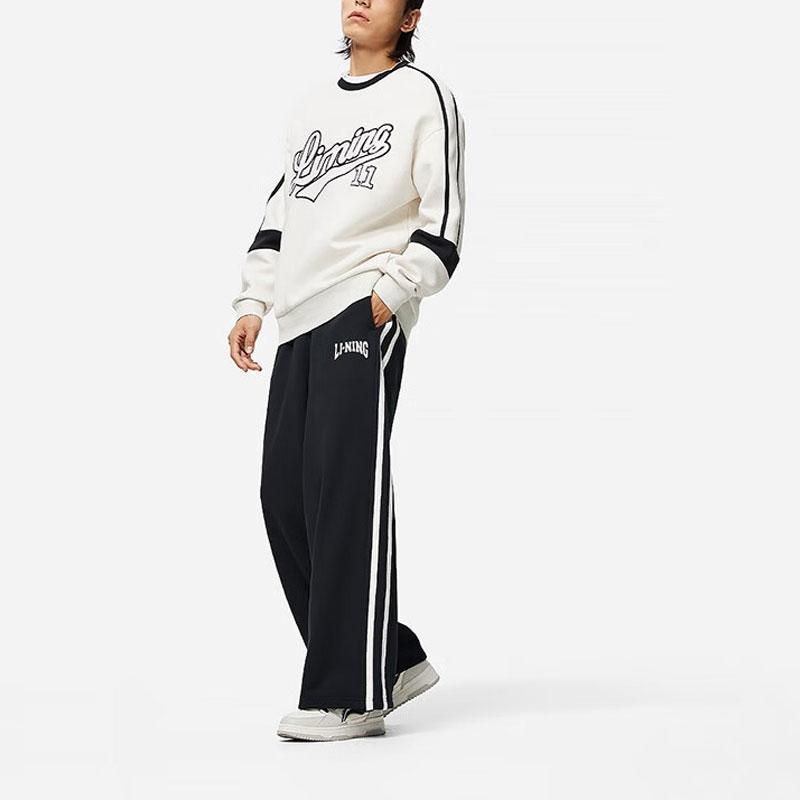 Штаны спортивные прямые трикотажные с боковыми полосками серии Li Ning Lifestyle, унисекс, черные AKLTB15-1