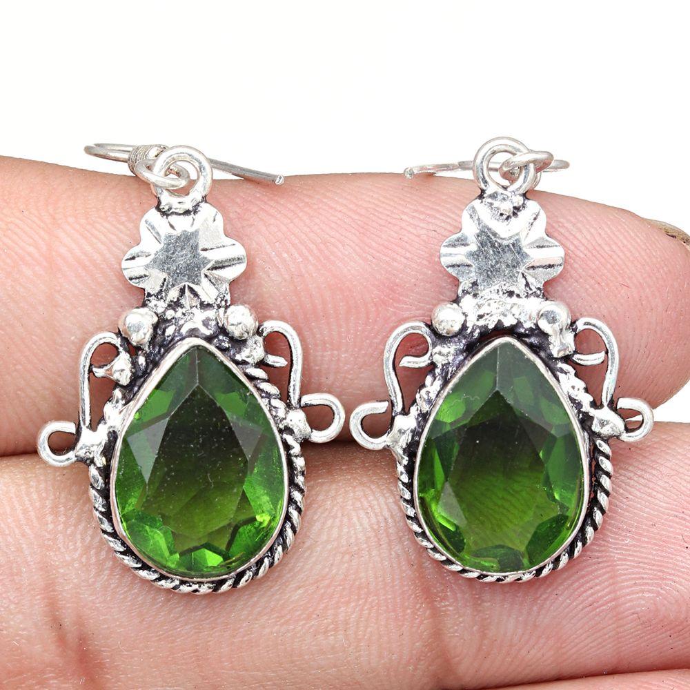 Peridot Quartz Gemstone Handmade Gift For Her Silver Jewelry Earrings 1.75"