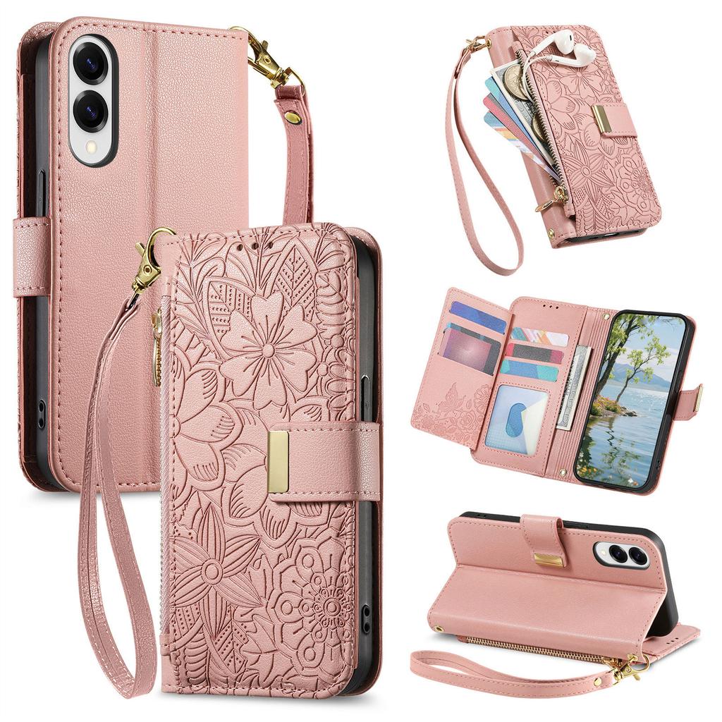 Для Samsung Galaxy S25 Чехол-бампер Цветочный узор с листьями Множество слотов для карт Молния Кожаный чехол для телефона с ремешком на запястье