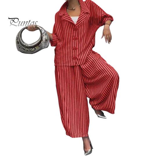Women's Casual Suit Long-Sleeved Shirt Top Wide-Leg Harem Pant 2-piece Set Autumn Lapel Striped Nine-Point Pant Female Outfit Suit