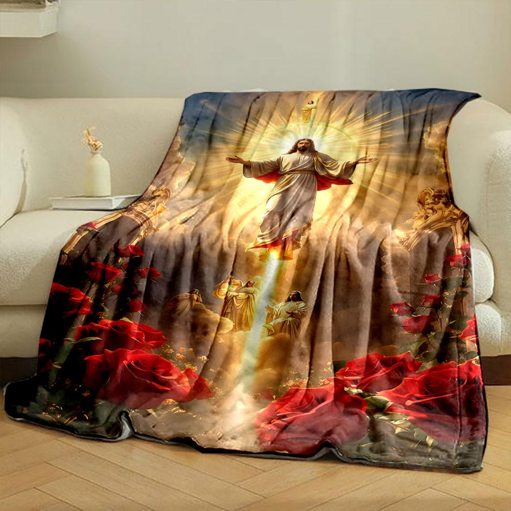Jesus Roses Halo Blanket Printed Blanket for Living Room Bed Couch lunch break Soft Cozy Blanket for Friend's festival Gift