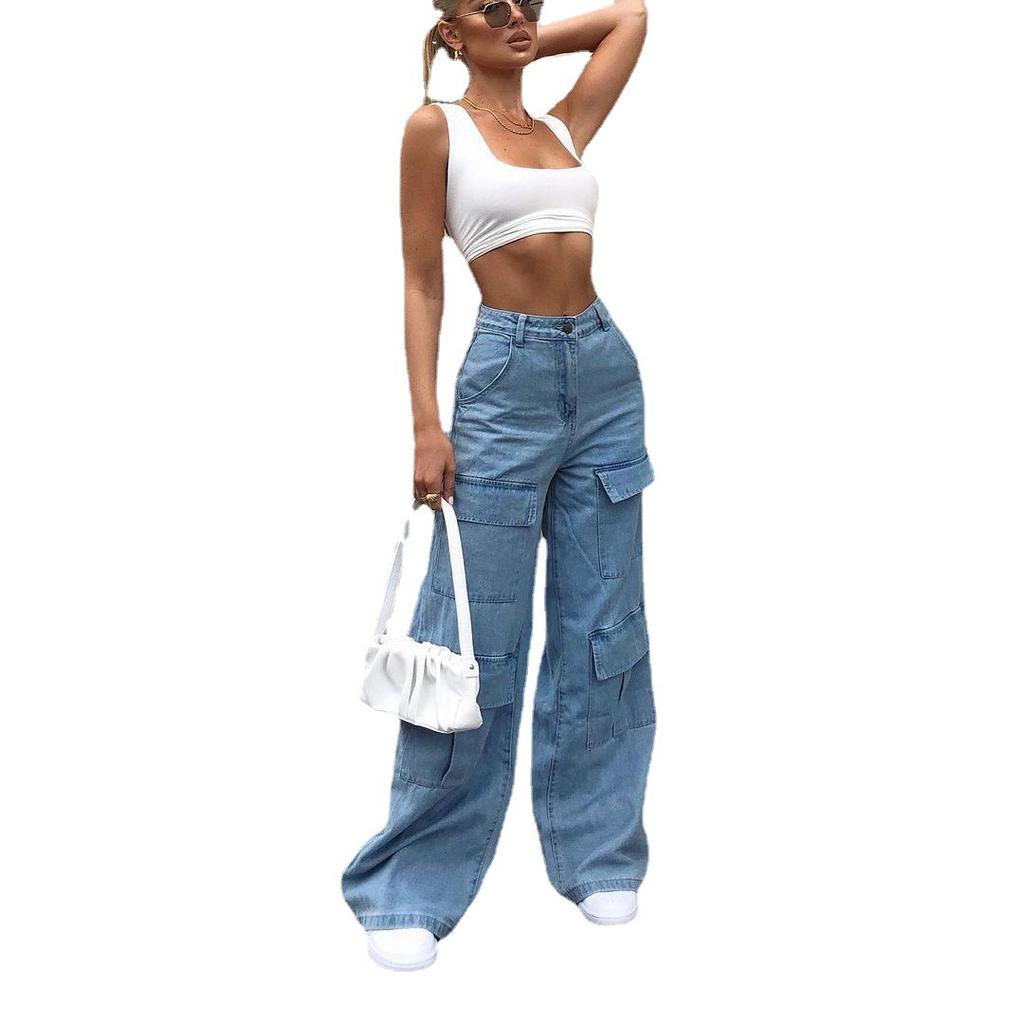 Women's Cargo Jeans High Waist Loose Multi-Pocket Jeans